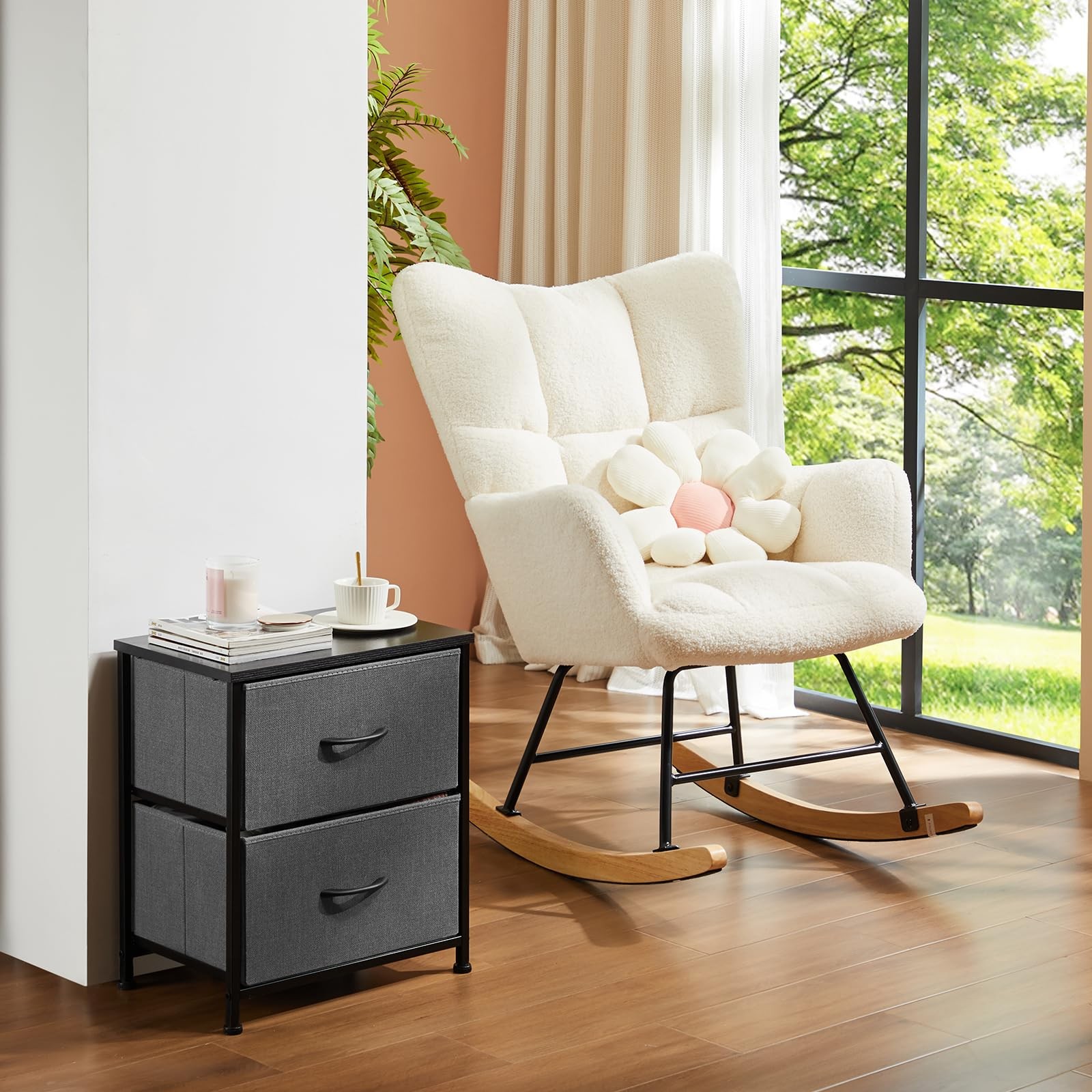 Small Grey Nightstand 20 Inch Tall with 2 Fabric Drawers Bedside Storage Table