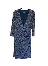 Adrianna Papell Dress 22W Faux Wrap Black W/ Brown Square Dot Pattern 3/4 Sleeve