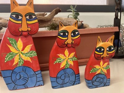 Set of 3 Laurel Burch Style Cats Wood Hand Painted Indonesia G