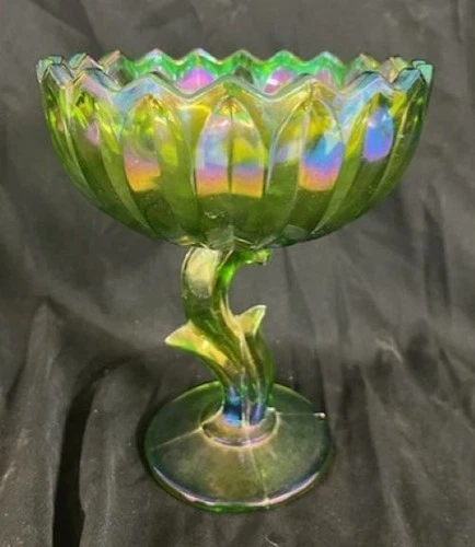 Vintage Indiana Glass Iridescent Green Lotus Blossom Compote Candy Dish