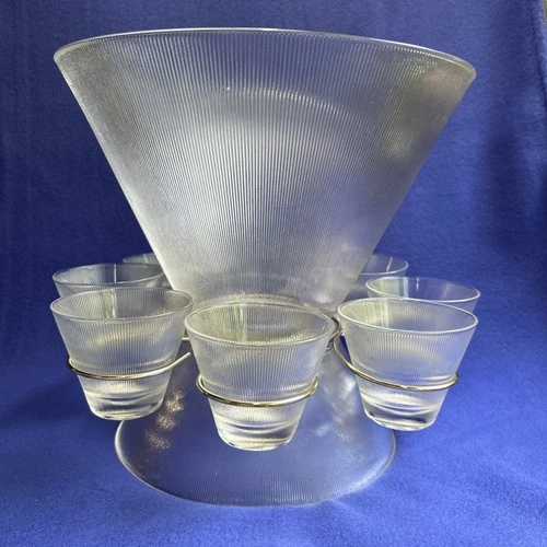 Vintage Federal Glass Norse Ribbed Punch Bowl Set Party MCM Original Box Retro