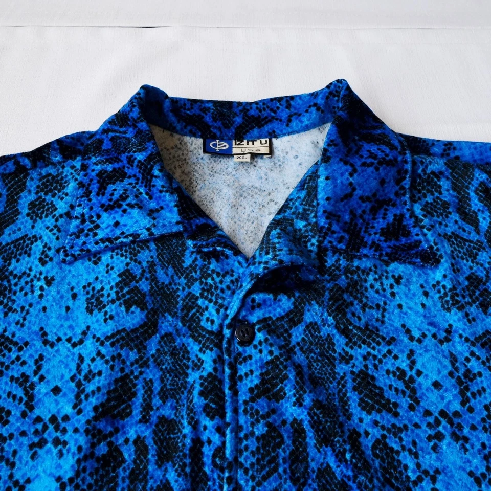Vintage Snake Print Shirt Mens XL Blue Velvet Rave y2k 90s Club Wear Camp Velour - Image 4 of 4