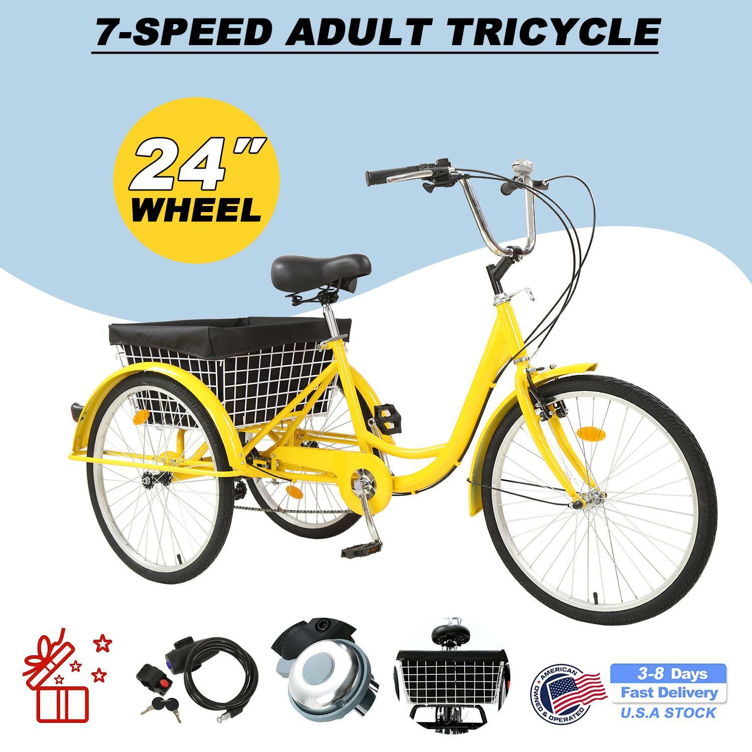 Adult Tricycle 24'' 7 Speed 3-Wheel Trike​ Bike W/Cruise & Baskets & Gifts New
