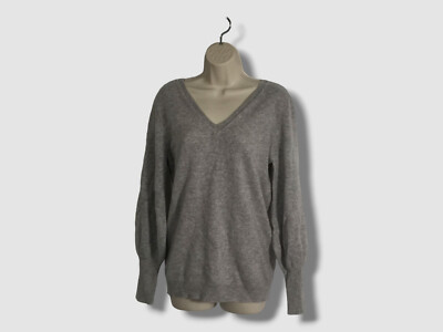 トップス < H > WOOL CASHMERE BALLOON V NECK KNIT $377 Neiman Marcus Women's Gray Balloon Sleeve V-Neck Cashmere