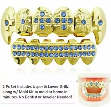 14K Gold GP CZ Bling Mouth Teeth Grills Grillz Set Cross Fangs Blue Stones USA