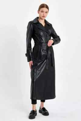 Women's Pure Black Leather Long Over Coat Lambskin Double Breasted Stylish Coat
