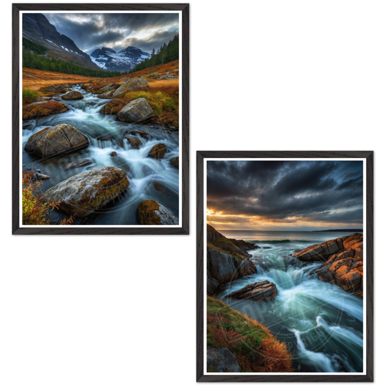 Nature Landscape/Seascape Premium Wood Framed Print 2pc Set Wall Art Home Decor