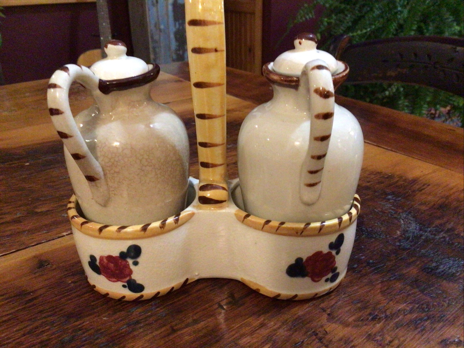 Vintage Hand Painted Nasco Japan Oil & Vinegar Cruet Set w/ Handled Caddy-Holder