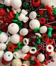 2.5 oz Bead Mix Christmas Colors-Glass, Plastic Seed Beads Red Green Gold Lot