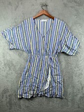 HIGHLAND PARK Womens Small Mini Dress Blue Striped Faux Wrap Dolman Short Sleeve