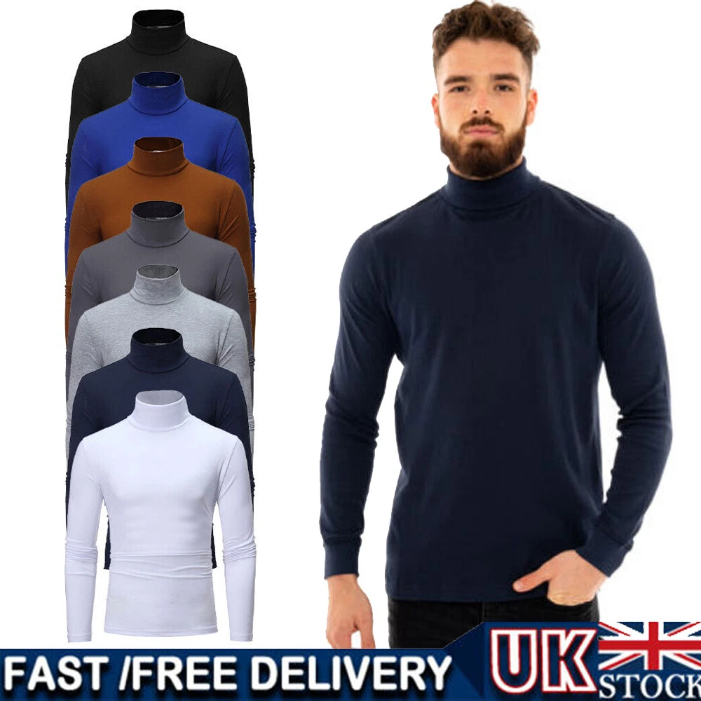 Mens Roll Neck Cotton Lightweight Jumper T Shirt Turtle Funnel Long Sleeve Tops