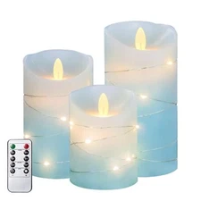 MELTONE Nautical Flameless Candles with String Lights Real Wax Ocean Blue Fli...