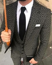 Designer Business Gray Checked Men's Suit Jacket Pants Vest Tailored Slim Fit