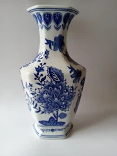 1990s Formalities by Baum Bros Chinoiserie Blue & White Oversized Vase EUC
