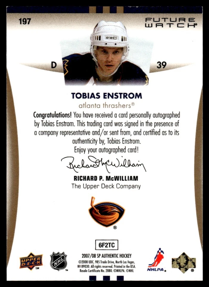 2007-08 SP Authentic Tobias Enstrom Rookie Auto 135/999 Atlanta Thrashers #197 - Image 2 of 2