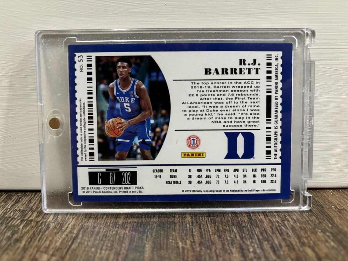2019-20 Panini Contenders Draft Picks RJ Barrett Auto RC #5/5