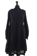 bloom boho dress 36 black embroidered long sleeve 100% cotton new