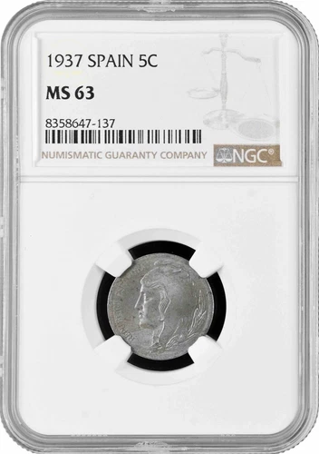 Spain 5 centimos 1937, NGC MS63, "Second Republic (1931 - 1939)"
