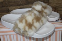 Furry Open Toe Faux Fur Slippers Slides Sandals Tan/white 6 7 Furry Open Toe Faux Fur Slippers Slides Sandals Tan/white 6 7