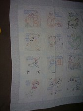 46"x36" Vintage Hand Quilted Embroidered Baby Nursery Rhyme Quilt