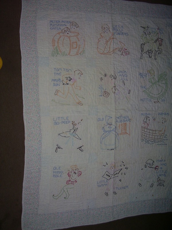 46"x36" Vintage Hand Quilted & Embroidered Baby Nursery Rhyme Quilt