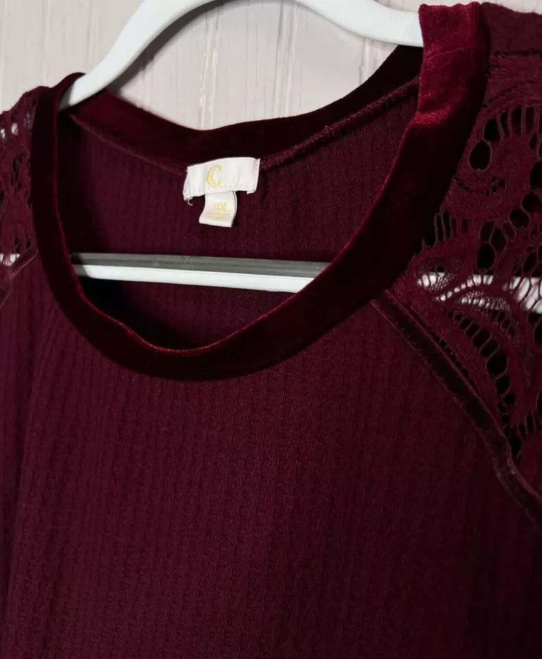 Charming Charlie Women SWEATER 3X Burgandy Waffle Weave Knit Lace Velvet Ruffle - Image 3 of 4