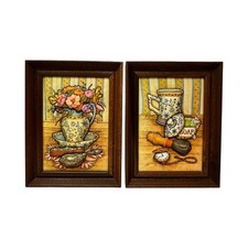 Vintage 1984 Le Boudoir His Hers Vanity Framed 3D Fabric Art Set Padded Cottage