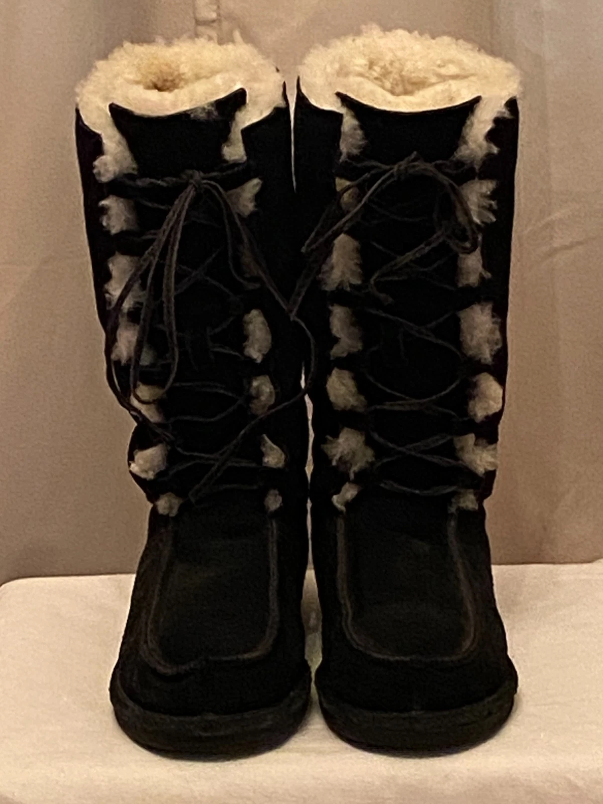 Bearpaw Shearling Women's Tall Lace Up Sheepskin Boots 450W Diva Black 8 px