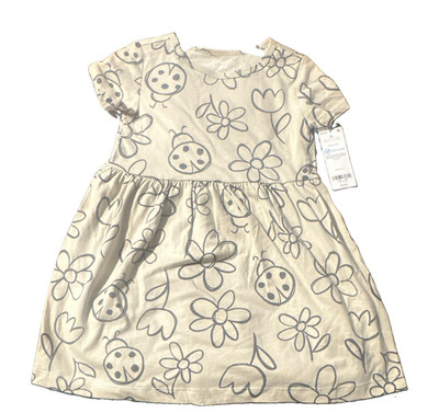 Carter's Girls 3T A-Line Knee Dress Beige/Gray Floral Ladybug Cap Sleeve