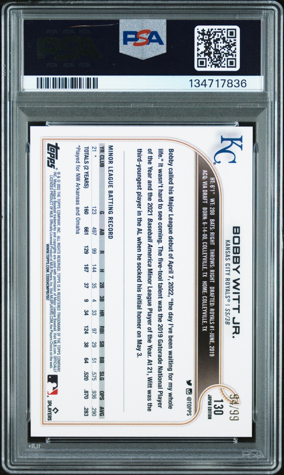 2022 Topps Japan Edition Bobby Witt Jr Cherry Blossoms /99 Royals RC PSA 9 #130 view 2