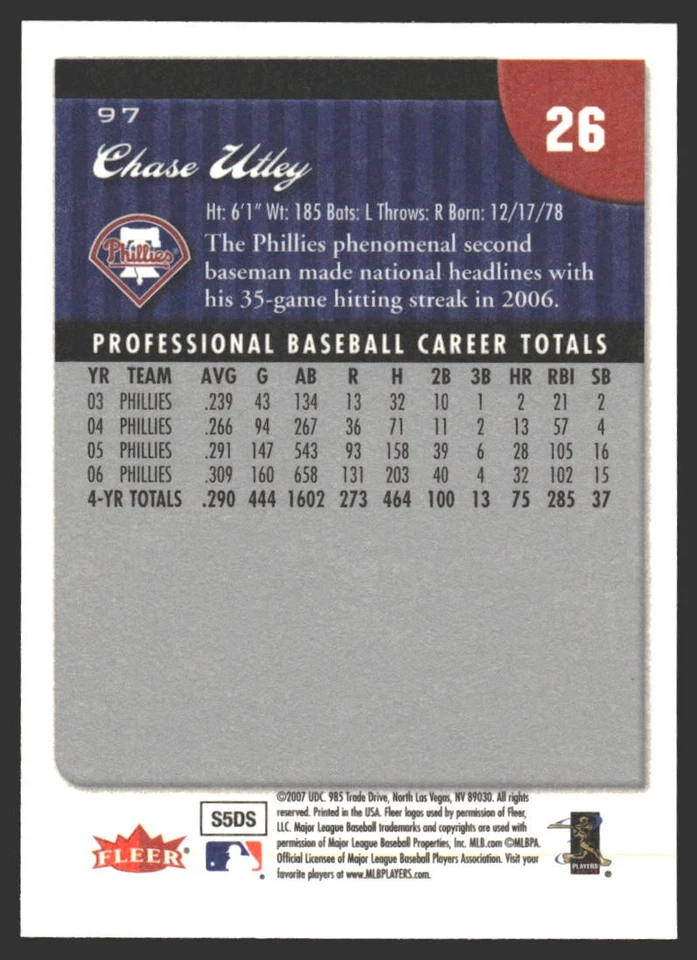Chase Utley #97b 2007 Fleer Philadelphia Phillies - Image 2 of 2