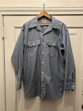 Vintage 70s Big Ben Wrangler Chambray Work Shirt Size Medium Chain Stitch Red