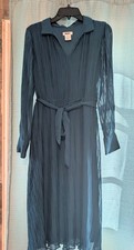 DKNY Sz8 Blue Pleated Collared Belted Midi Shirt Dress 8 Long Sleeve Polyester
