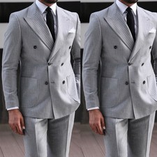Light Grey Striped Men's Suits Double Breasted Peak Lapel Wedding Formal 2 Pcs