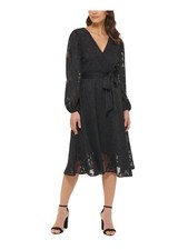 KENSIE DRESSES Womens Black Tie Lined Balloon Sleeve Fit + Flare Dress 4