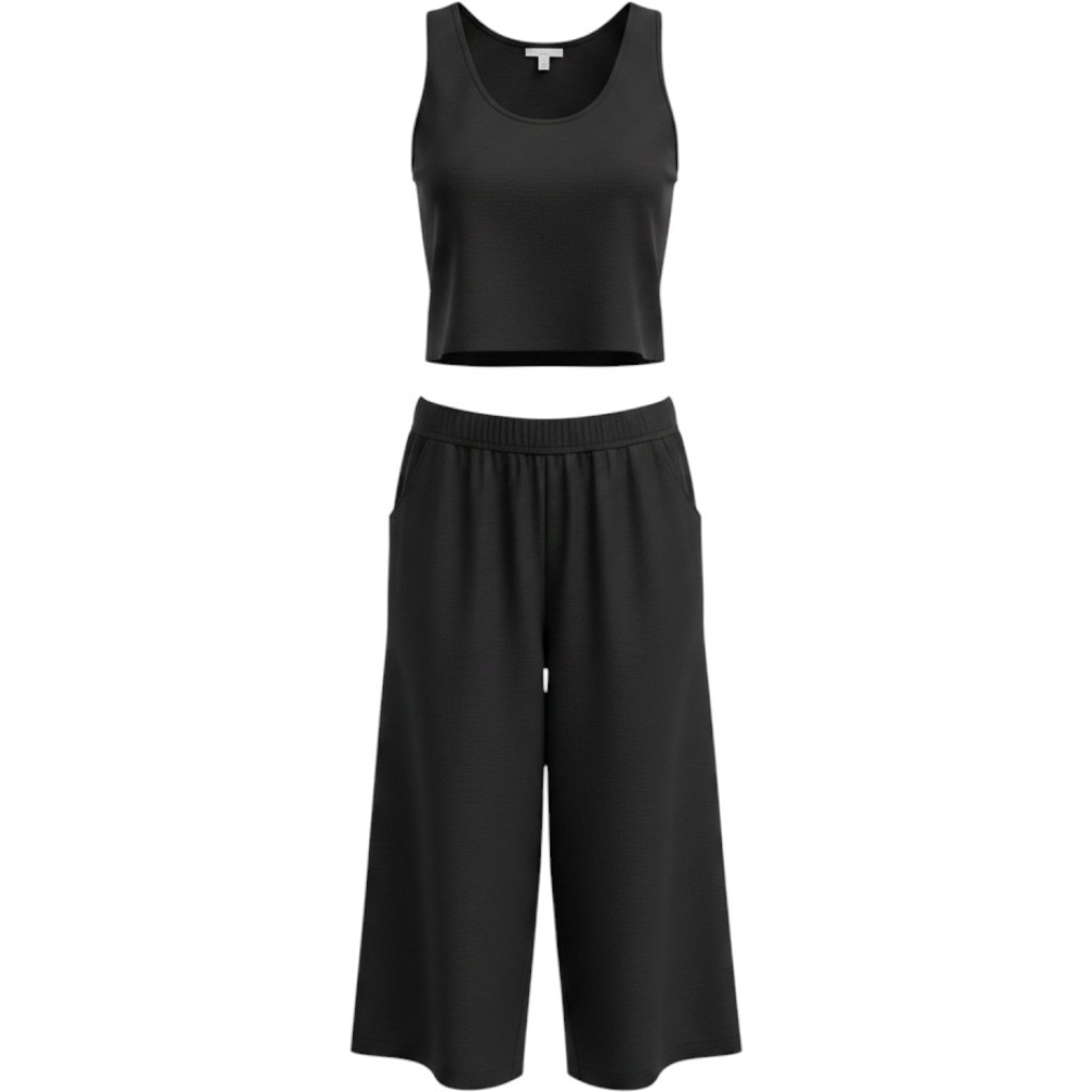 Linen Blend Two Piece Set Black Button Back Crop Top Wide Leg Culotte Pants Lg