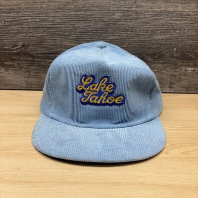 Vintage Lake Tahoe Hat Cap Snap Back Blue Corduroy Retro Sierra Nevada Mountains