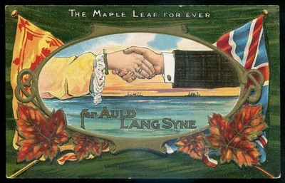 CANADA PATRIOTIC Postcard 1910s Maple Leaf Forever Flags Hands Across Sea