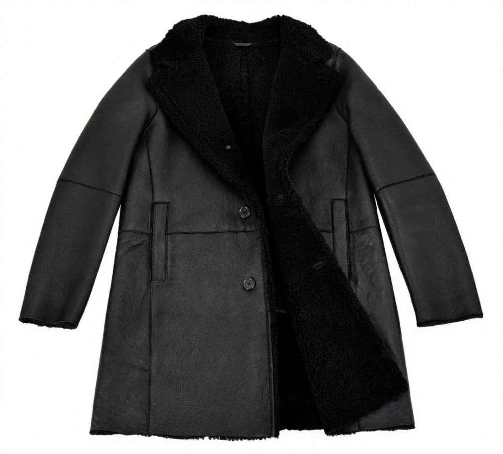 Men Black Shearling Sheepskin Coat – Trench Reefer Warm Winter Jacket Outerwear image 3