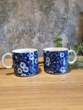 Burleigh Ironstone Cups Calico Pattern Blue Floral Pair X2 Vintage Early Mug