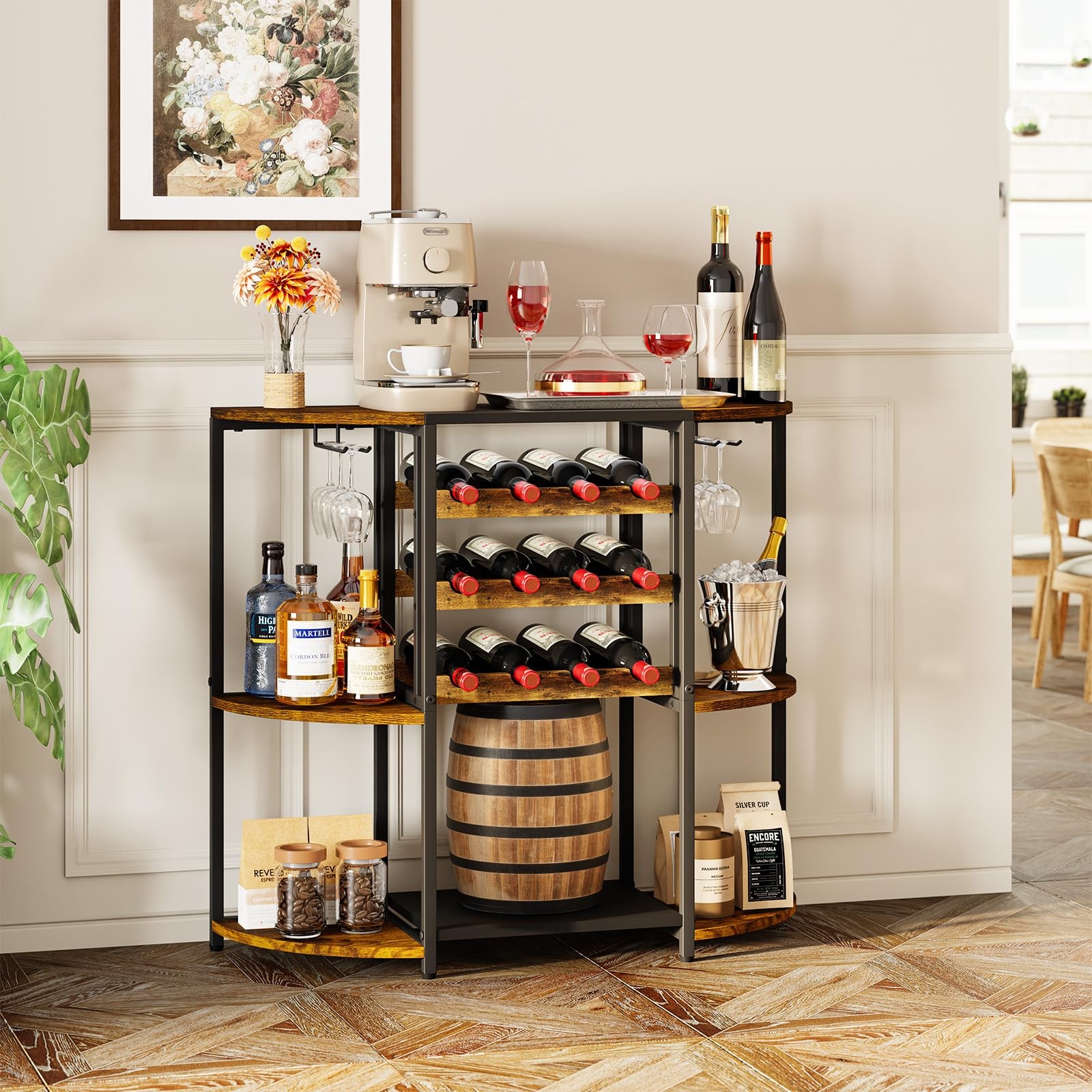 Small Wine Bar Cabinet with LED Lights, Mini Wine Rack with