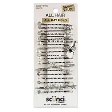 Scunci Bobby Pins with Pearl and Crystal Embellishments, Silver, 20 Count