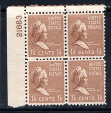 US Stamp Scott #804, 1 1/2c, Prexie, Martha Washington, Plate Block, MNHx2/MLHx2