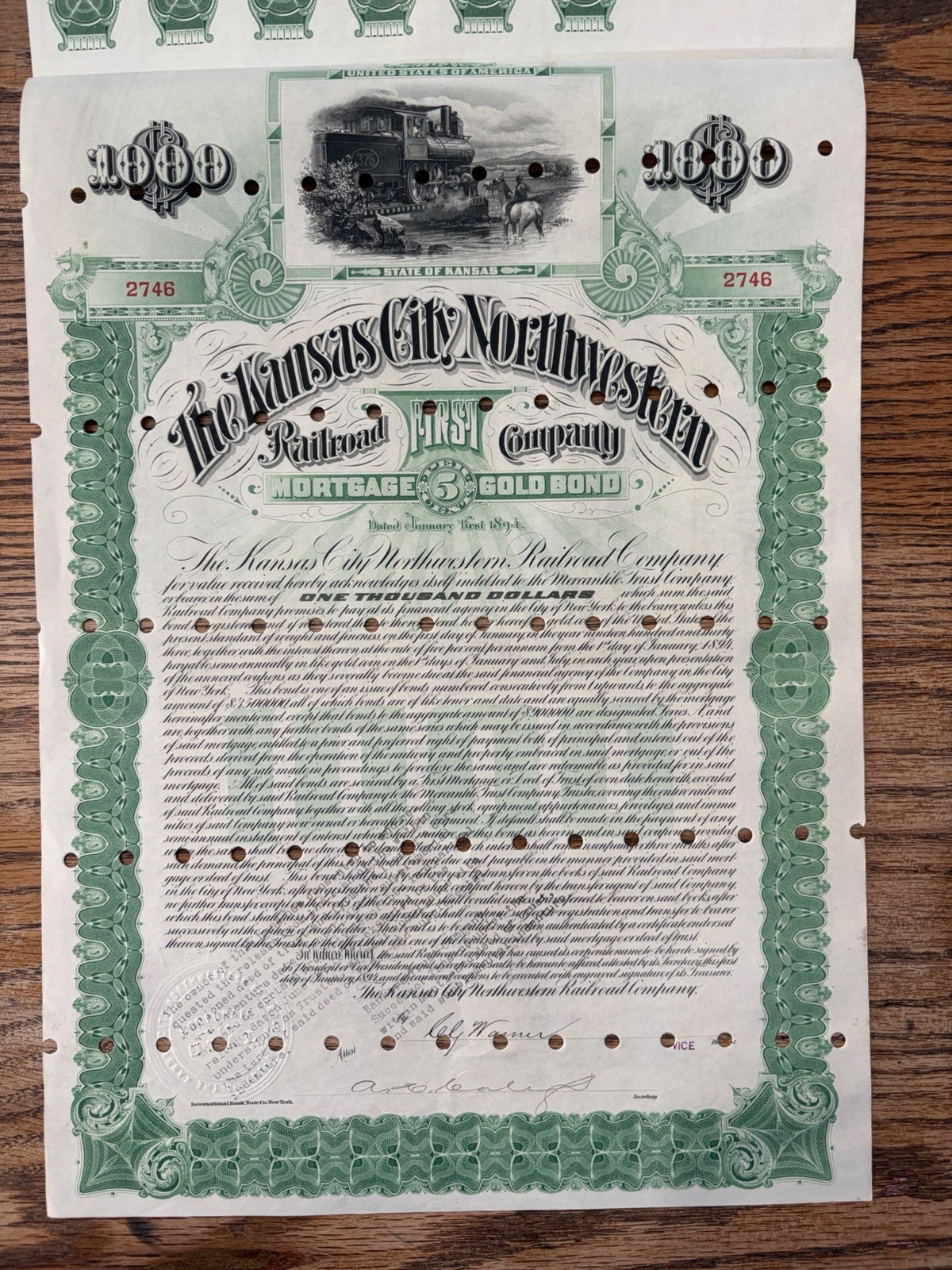 1903 Kansas City Northwestern Railroad Company Bond Stock Certificate