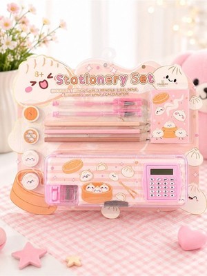 Kawaii Dumpling Stationery Set Calculator Pencil Case Pens Notepad Pink