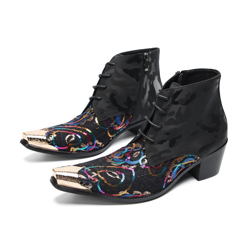 Botines con lentejuelas de metal punta en punta para hombre estampado floral cuero real cremallera con cordones