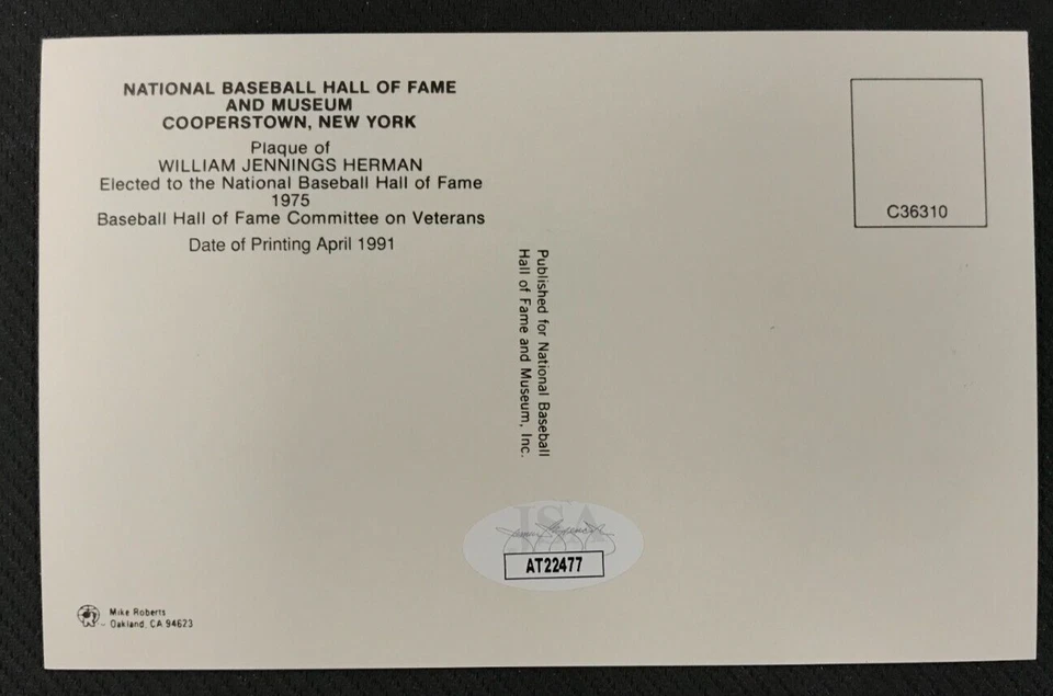 Billy Herman Signed HOF Plaque Postcard JSA AUTO MLB Chicago Cubs HOF '75 NICE! - Image 3 of 4
