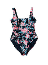 Old navy black floral ruched square neck one piece swimsuit medium