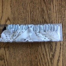 Vtg Wedding Bridal Garter Blue Satin Ribbon Ruffle White Lace Plus Navy Blue USA