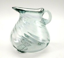 Vintage Green Hand Blown Swirl Glass Footed Pitcher Vase Creamer w Handle